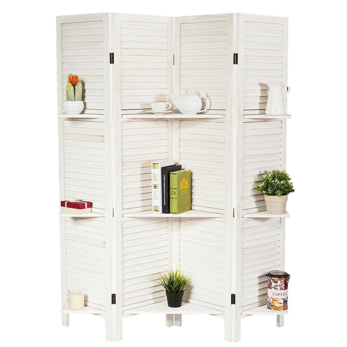 4 Panel Folding Room Divider Screen with 3 Display Shelves, White Room Dividers   at Gallery Canada