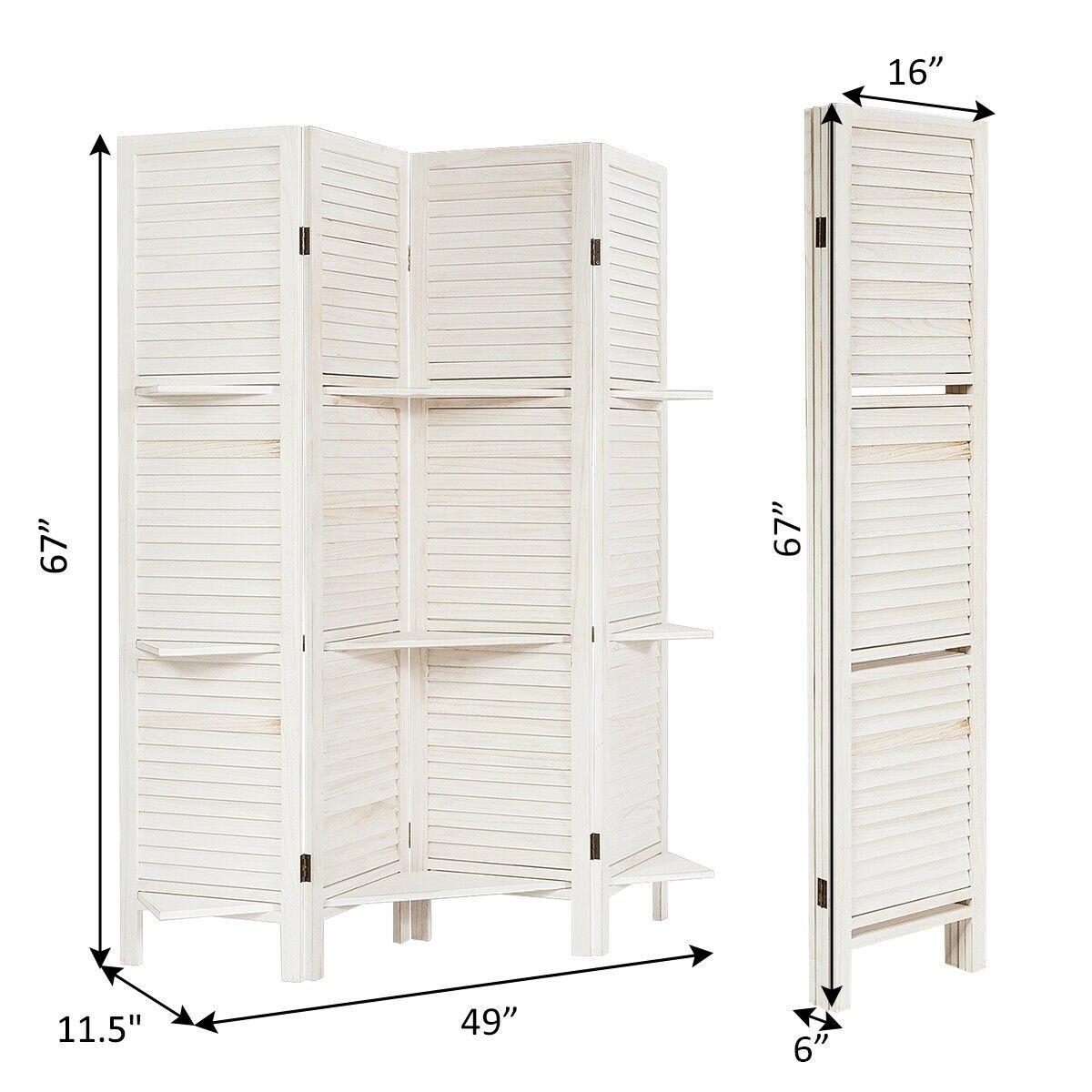 4 Panel Folding Room Divider Screen with 3 Display Shelves, White Room Dividers   at Gallery Canada