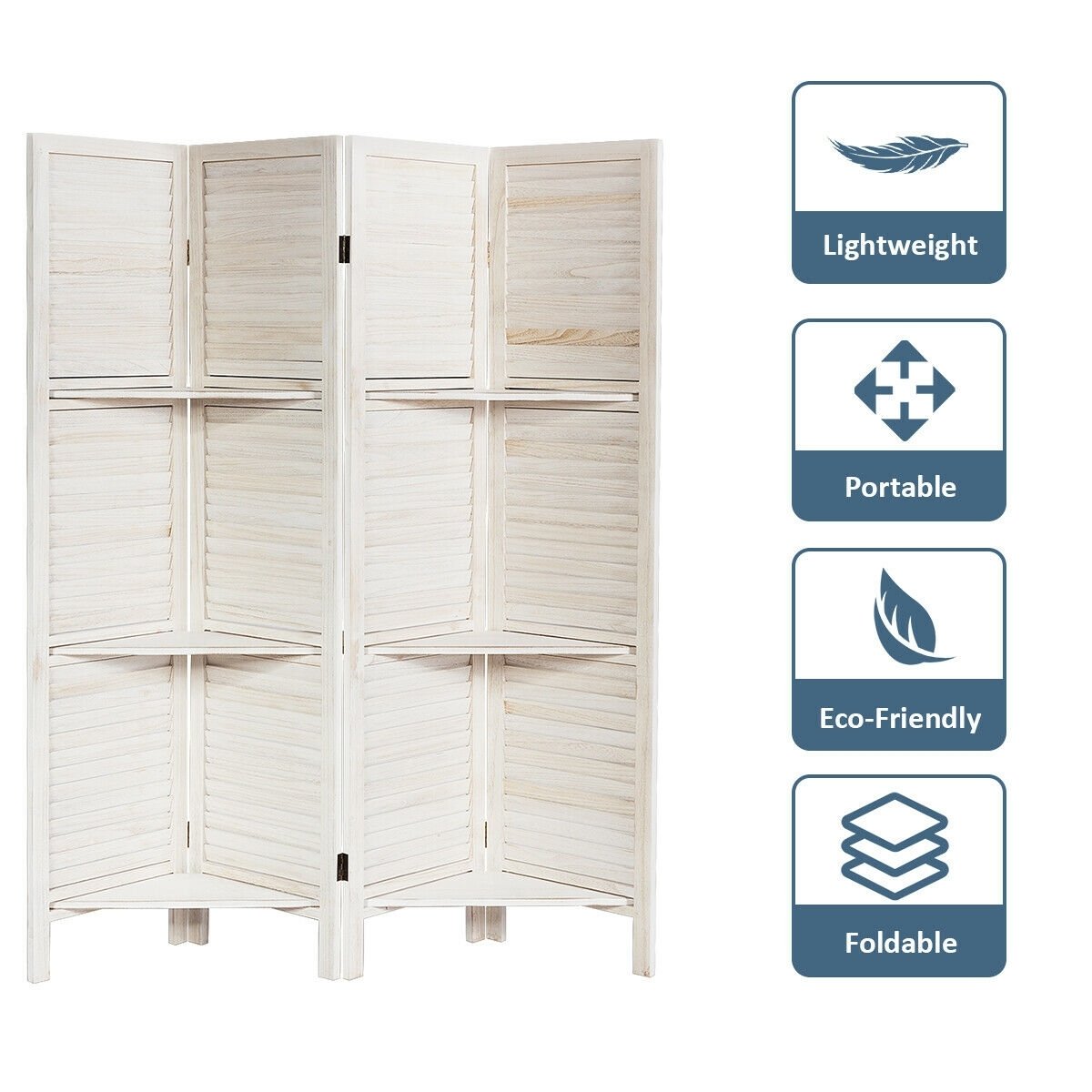 4 Panel Folding Room Divider Screen with 3 Display Shelves, White Room Dividers   at Gallery Canada