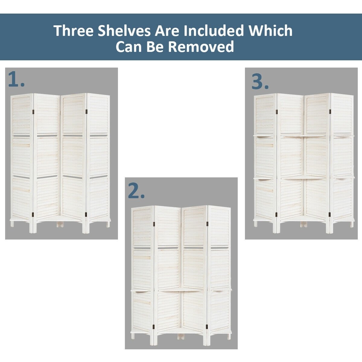 4 Panel Folding Room Divider Screen with 3 Display Shelves, White Room Dividers   at Gallery Canada