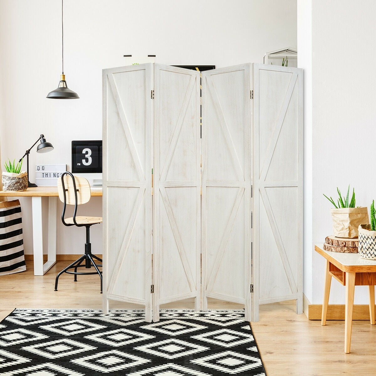 4 Panels Folding Wooden Room Divider, White Room Dividers   at Gallery Canada