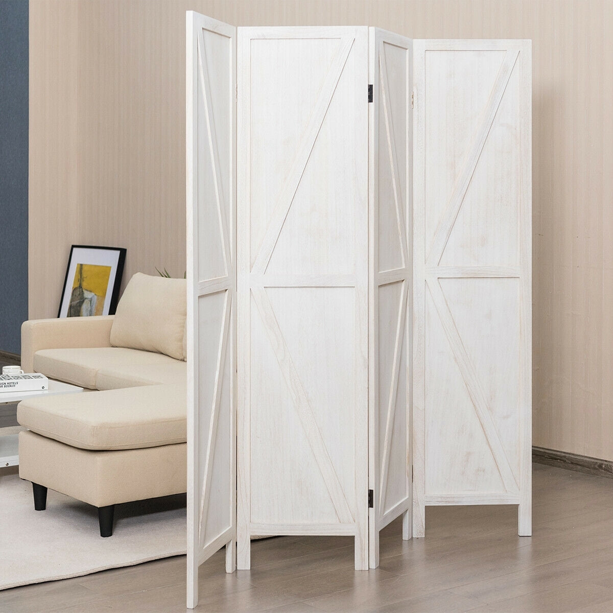 4 Panels Folding Wooden Room Divider, White Room Dividers   at Gallery Canada