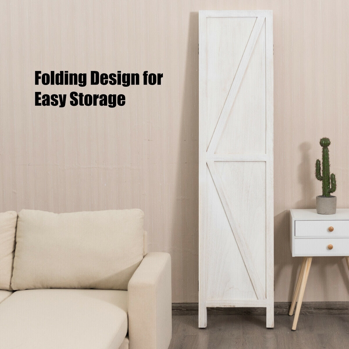 4 Panels Folding Wooden Room Divider, White Room Dividers   at Gallery Canada