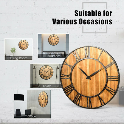 30 Inch Round Wall Clock Decorative Wooden Silent Clock with Battery, Brown Outdoor Decor   at Gallery Canada