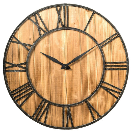 30 Inch Round Wall Clock Decorative Wooden Silent Clock with Battery, Brown Outdoor Decor   at Gallery Canada