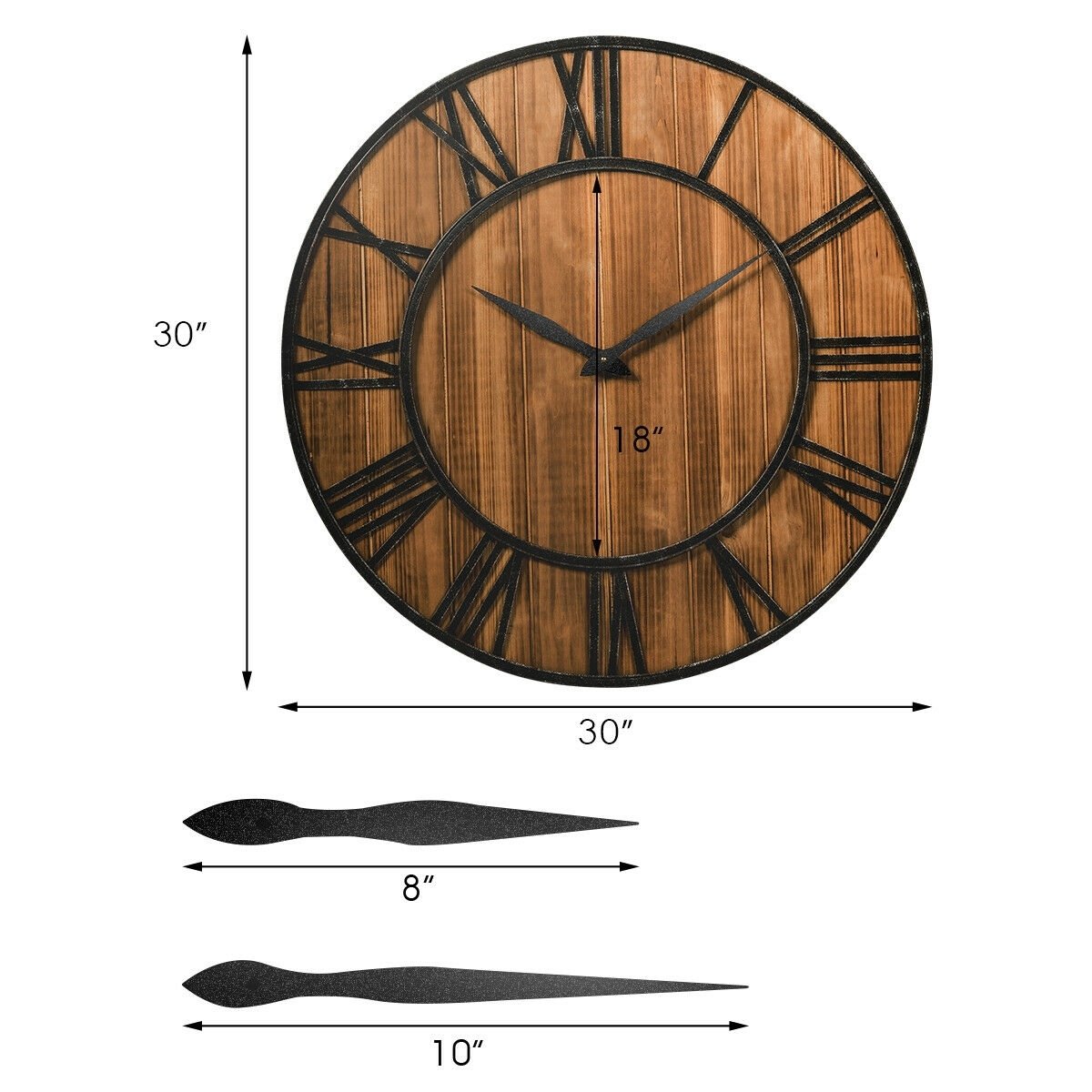 30 Inch Round Wall Clock Decorative Wooden Silent Clock with Battery, Brown Outdoor Decor   at Gallery Canada