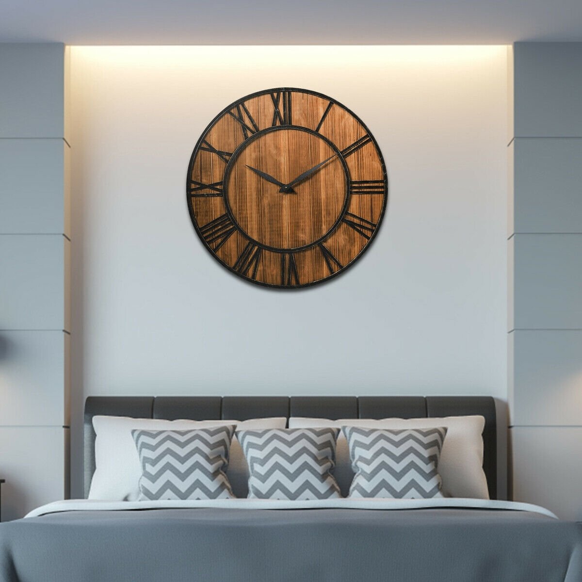 30 Inch Round Wall Clock Decorative Wooden Silent Clock with Battery, Brown Outdoor Decor   at Gallery Canada