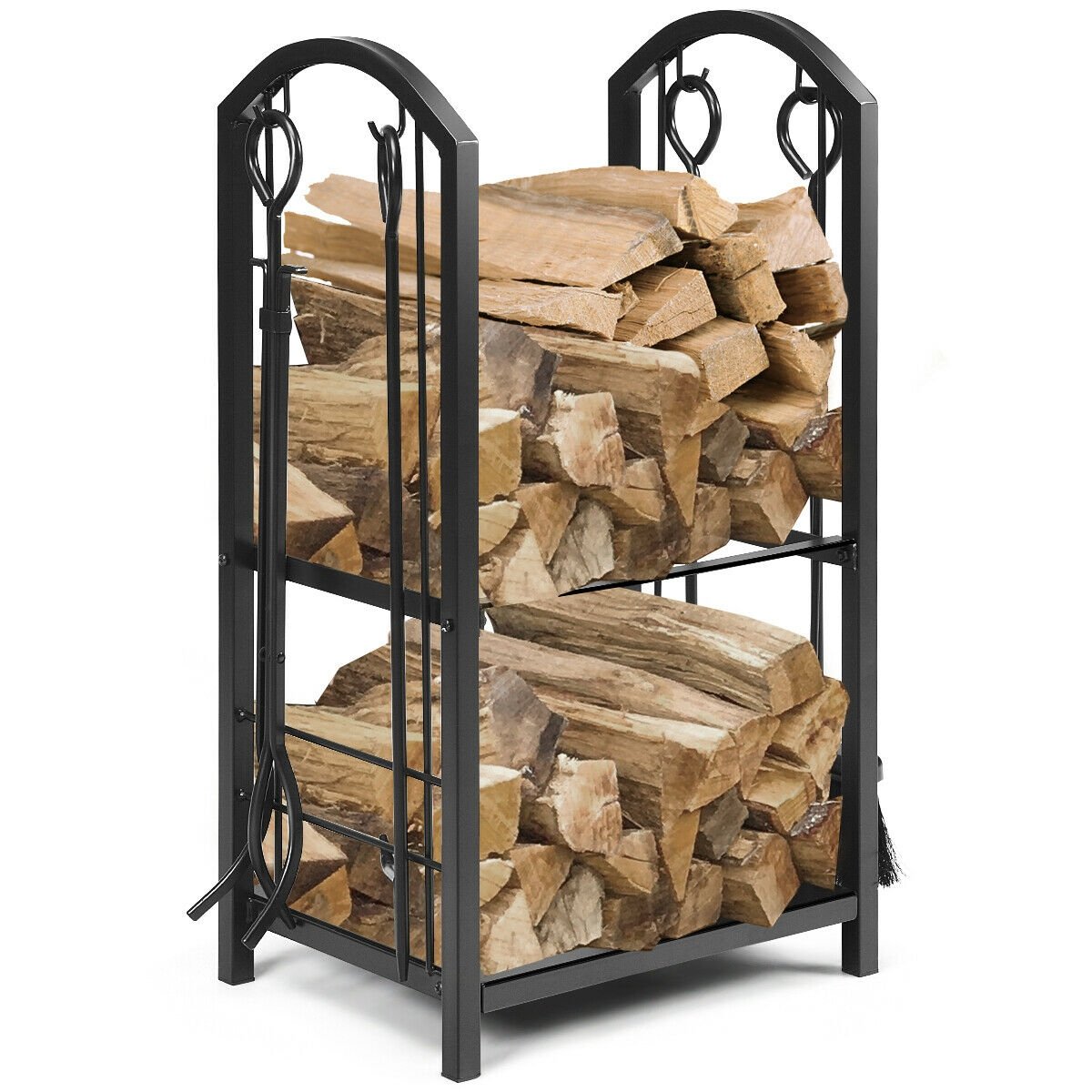 Fireplace Log Rack with 4 Tools Set Fireside Firewood Holder, Black Log Storage   at Gallery Canada