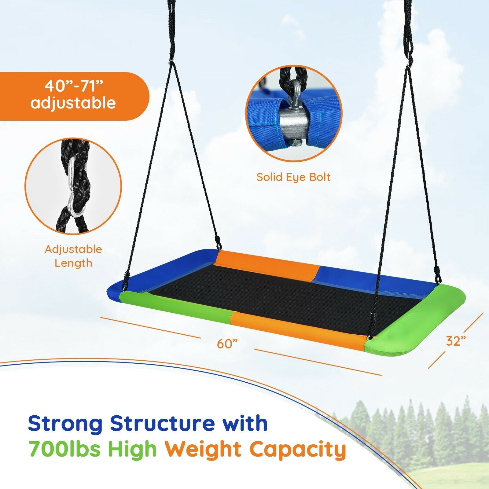 60 Inch Platform Tree Swing Outdoor with 2 Hanging Straps-Blue & Orange, Orange Swing & Playsets   at Gallery Canada