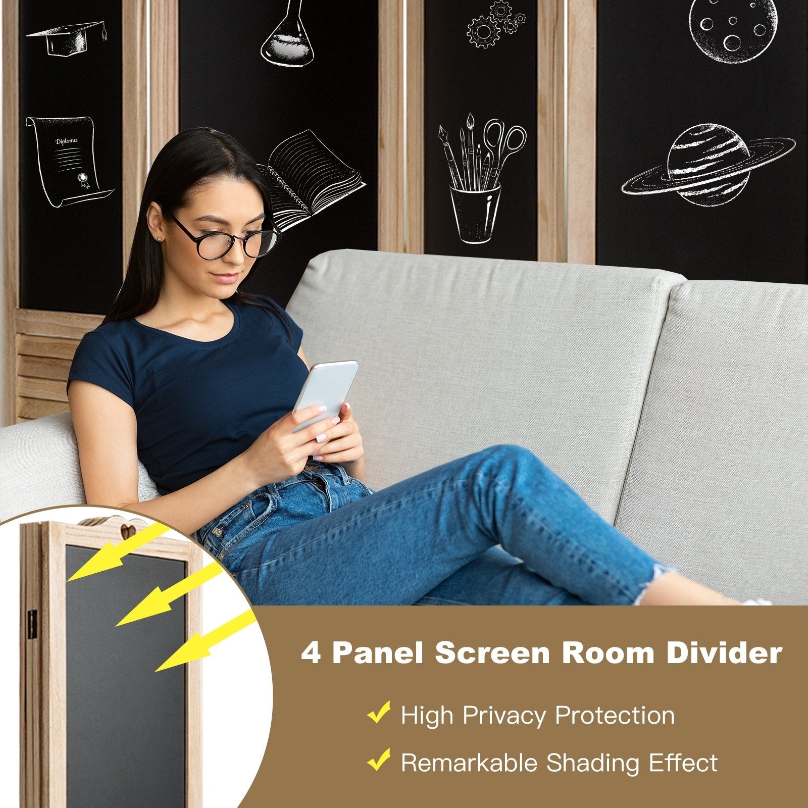 4-Panel Folding Privacy Room Divider Screen with Chalkboard , Natural Room Dividers   at Gallery Canada