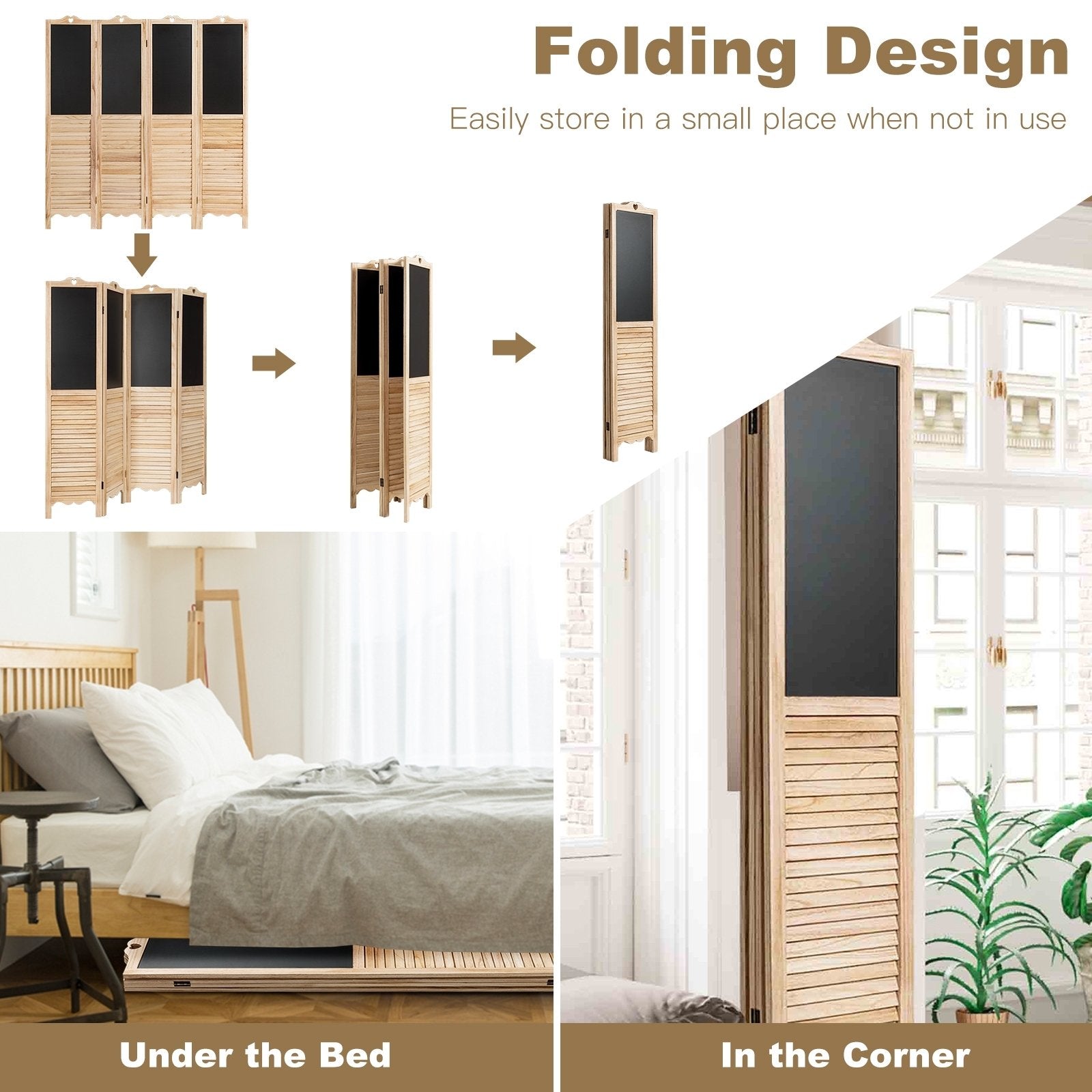 4-Panel Folding Privacy Room Divider Screen with Chalkboard , Natural Room Dividers   at Gallery Canada