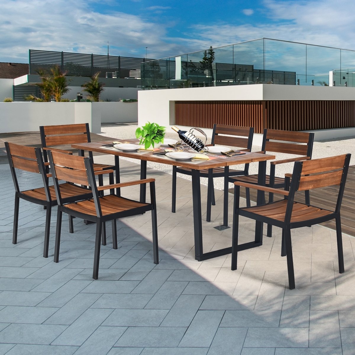 Patented 7 Pieces Patented Outdoor Patio Dining Table Set with Hole, Natural Patio Dining Sets   at Gallery Canada