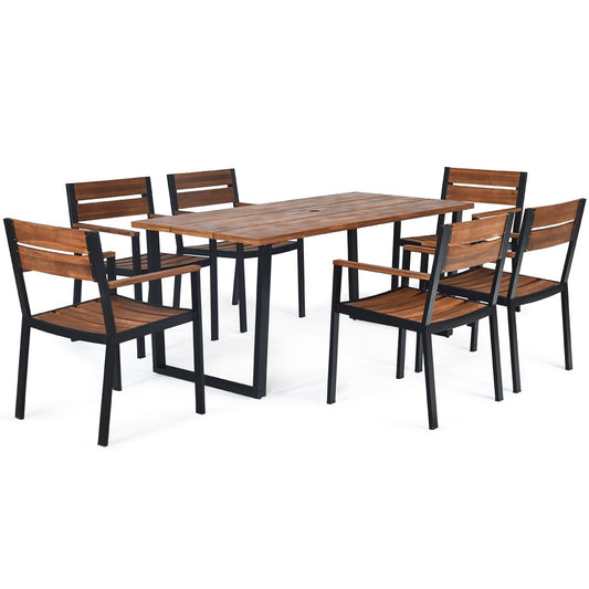 Patented 7 Pieces Patented Outdoor Patio Dining Table Set with Hole, Natural - Gallery Canada