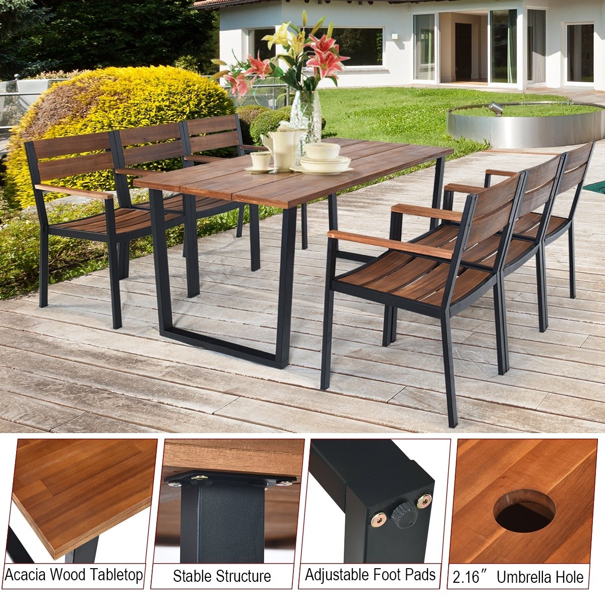 Patented 7 Pieces Patented Outdoor Patio Dining Table Set with Hole, Natural Patio Dining Sets   at Gallery Canada