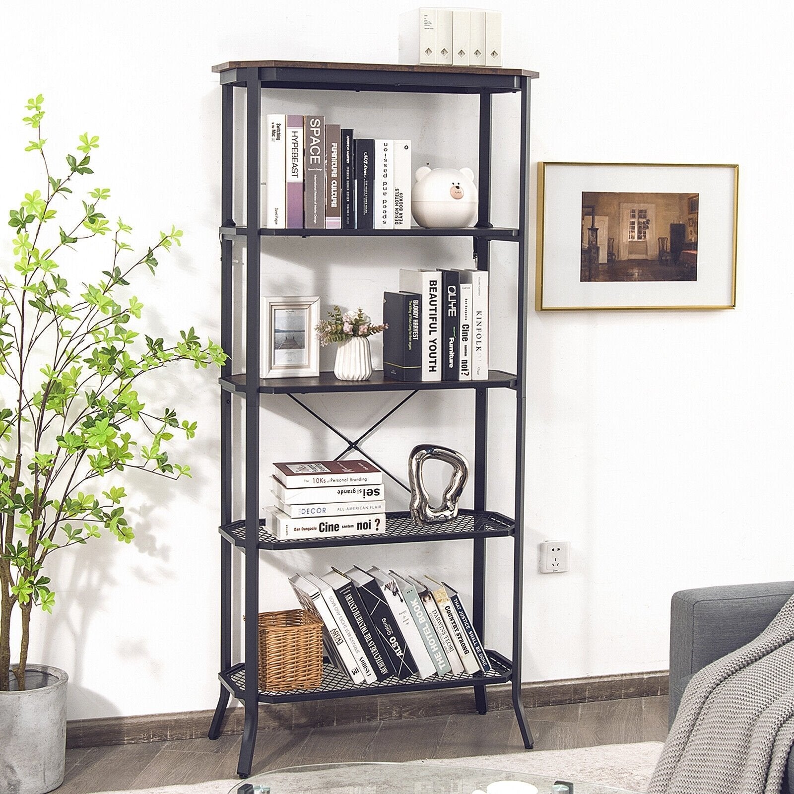 Industrial 5-Layer Bookshelf with Out-Stretched Legs, Rustic Brown Bookcases   at Gallery Canada