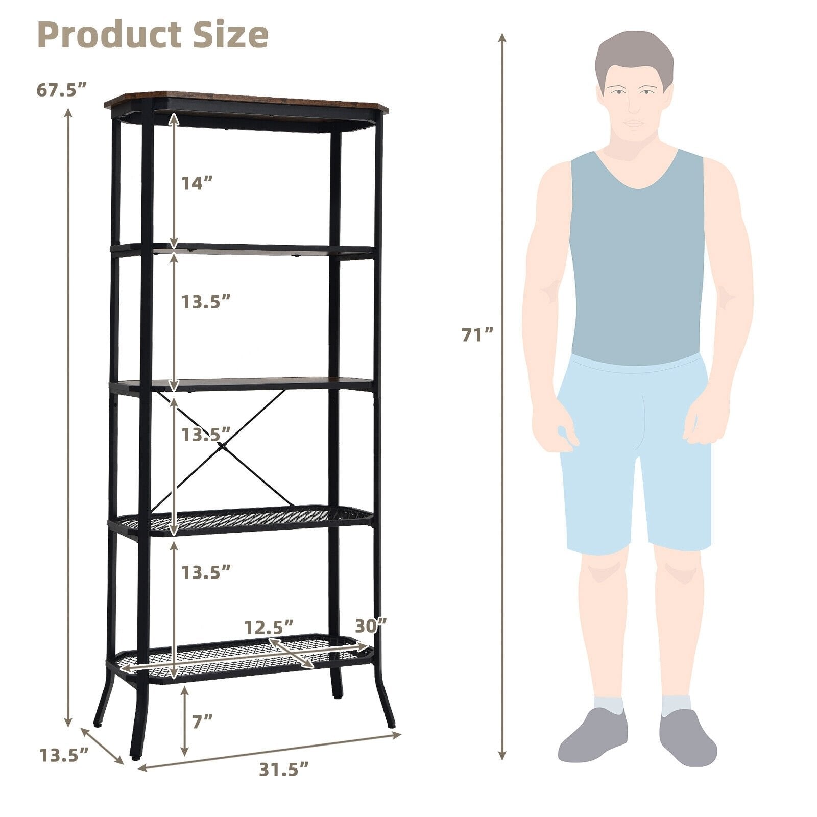 Industrial 5-Layer Bookshelf with Out-Stretched Legs, Rustic Brown Bookcases   at Gallery Canada