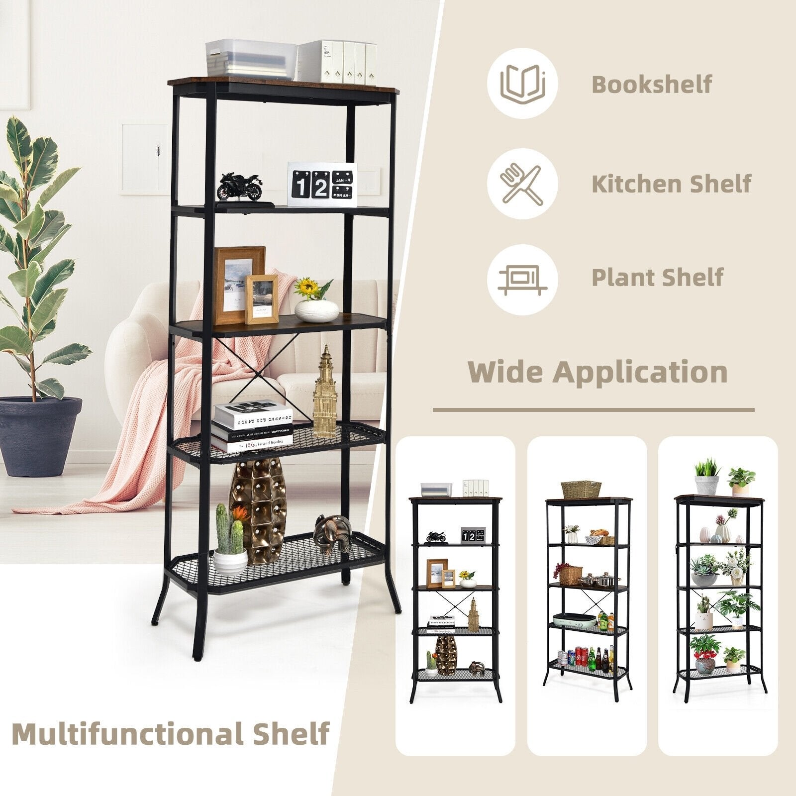 Industrial 5-Layer Bookshelf with Out-Stretched Legs, Rustic Brown Bookcases   at Gallery Canada