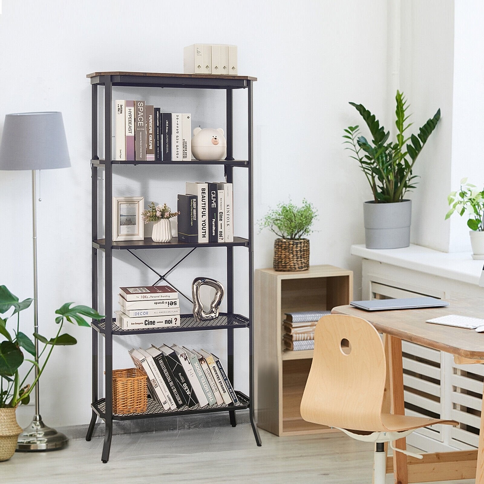 Industrial 5-Layer Bookshelf with Out-Stretched Legs, Rustic Brown - Gallery Canada