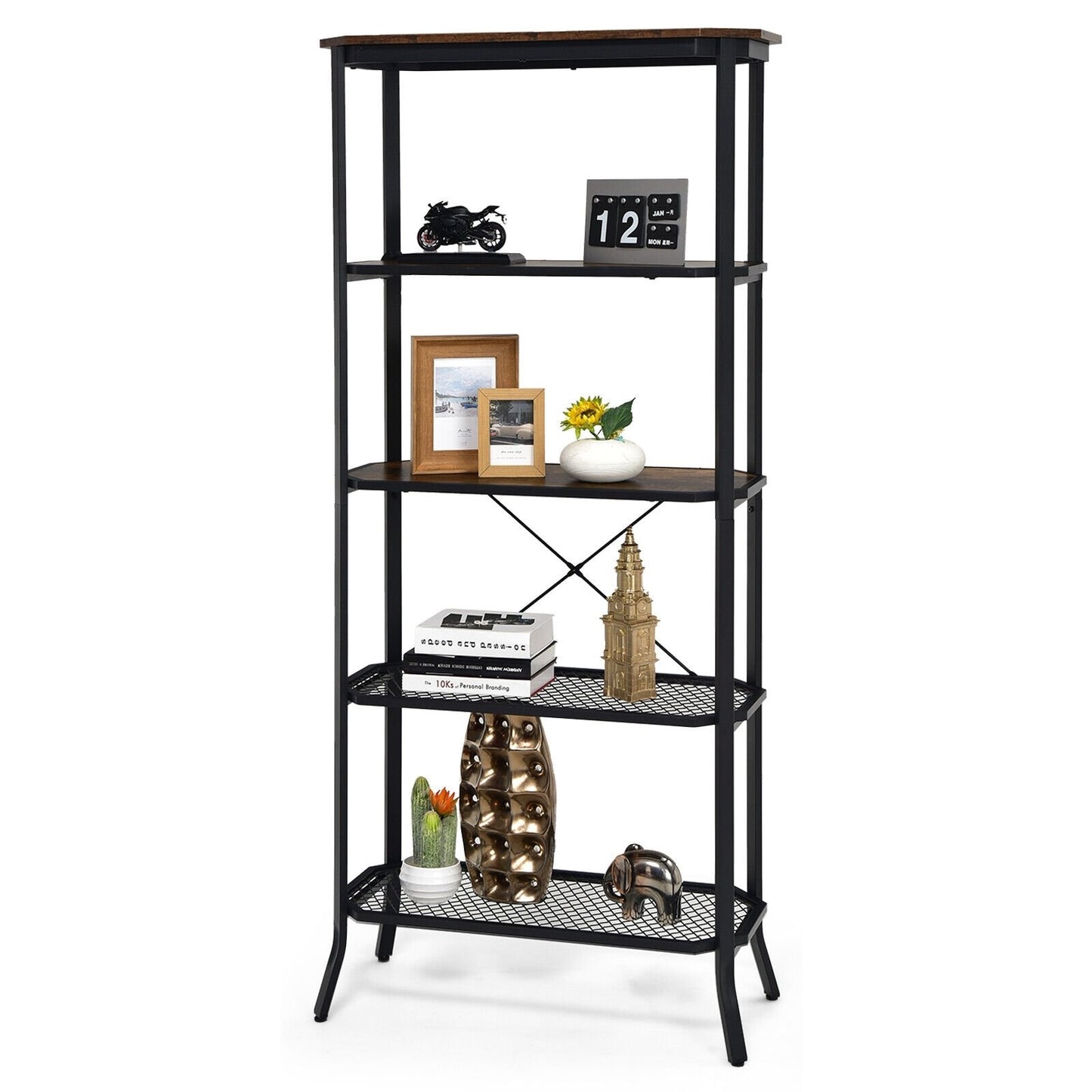 Industrial 5-Layer Bookshelf with Out-Stretched Legs, Rustic Brown Bookcases   at Gallery Canada