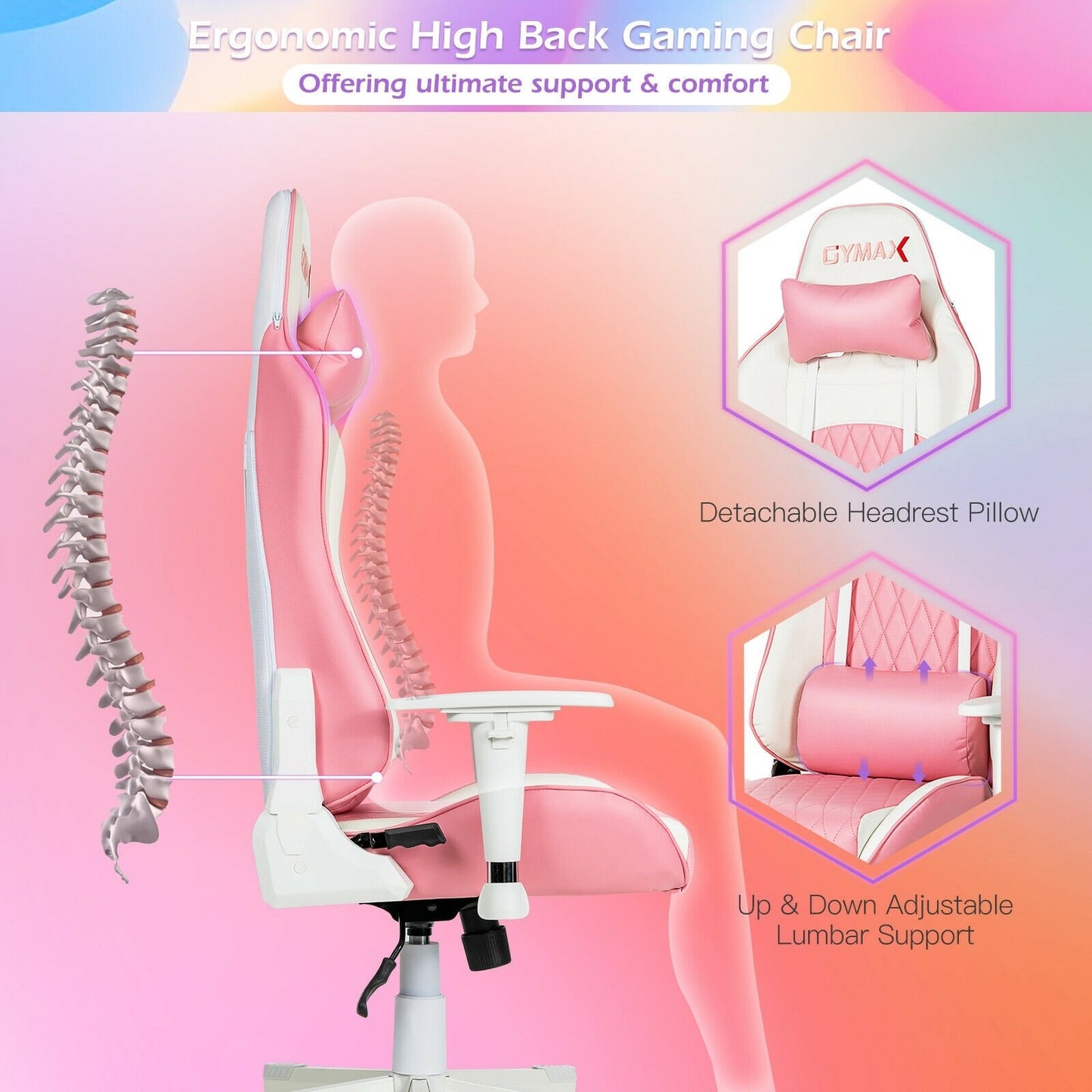 Ergonomic High Back Computer Desk Chair with Headrest and Lumbar Support, Pink Gaming Chairs   at Gallery Canada