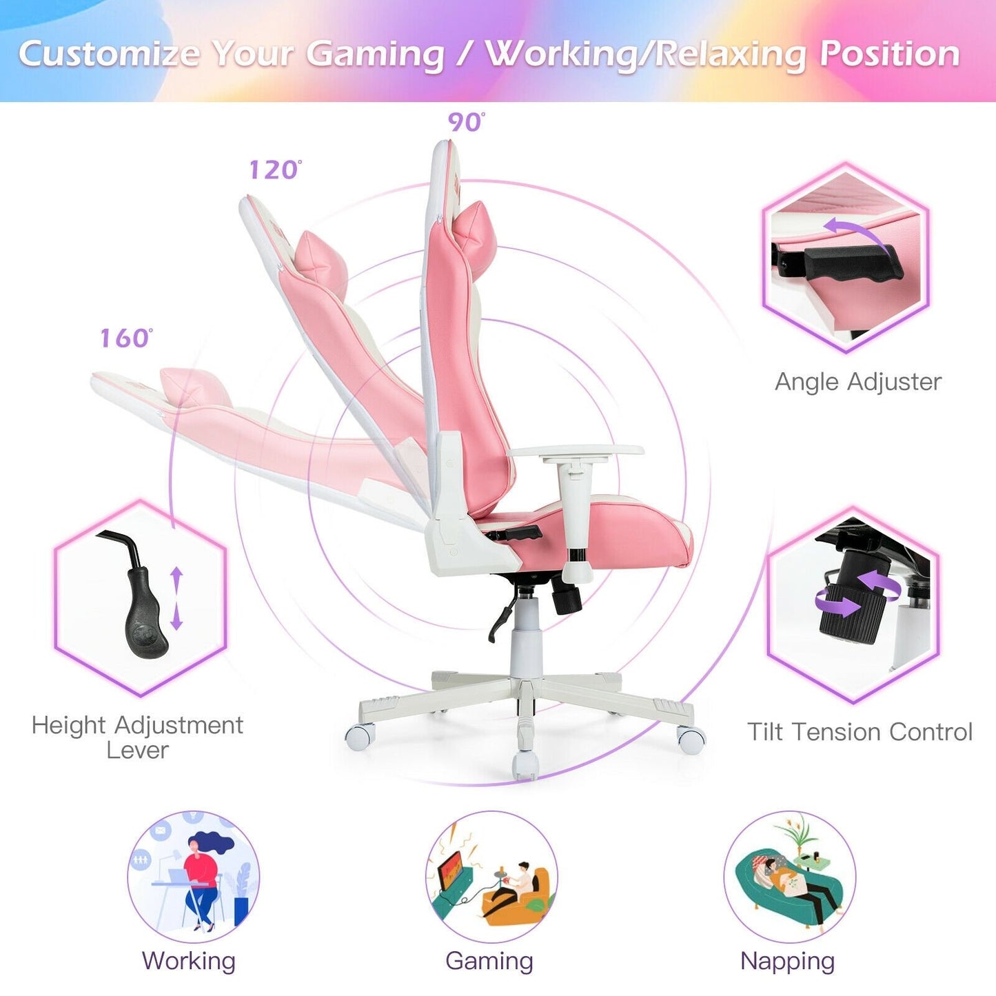 Ergonomic High Back Computer Desk Chair with Headrest and Lumbar Support, Pink Gaming Chairs   at Gallery Canada