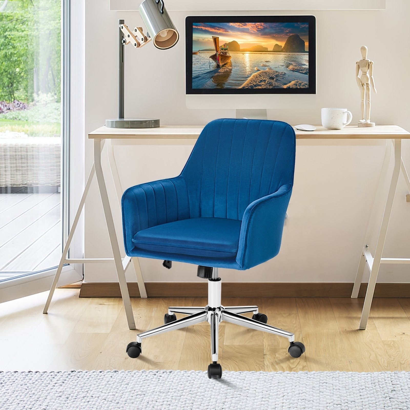 Velvet Accent Office Armchair with Adjustable Swivel and Removable Cushion, Blue Leisure Chairs   at Gallery Canada