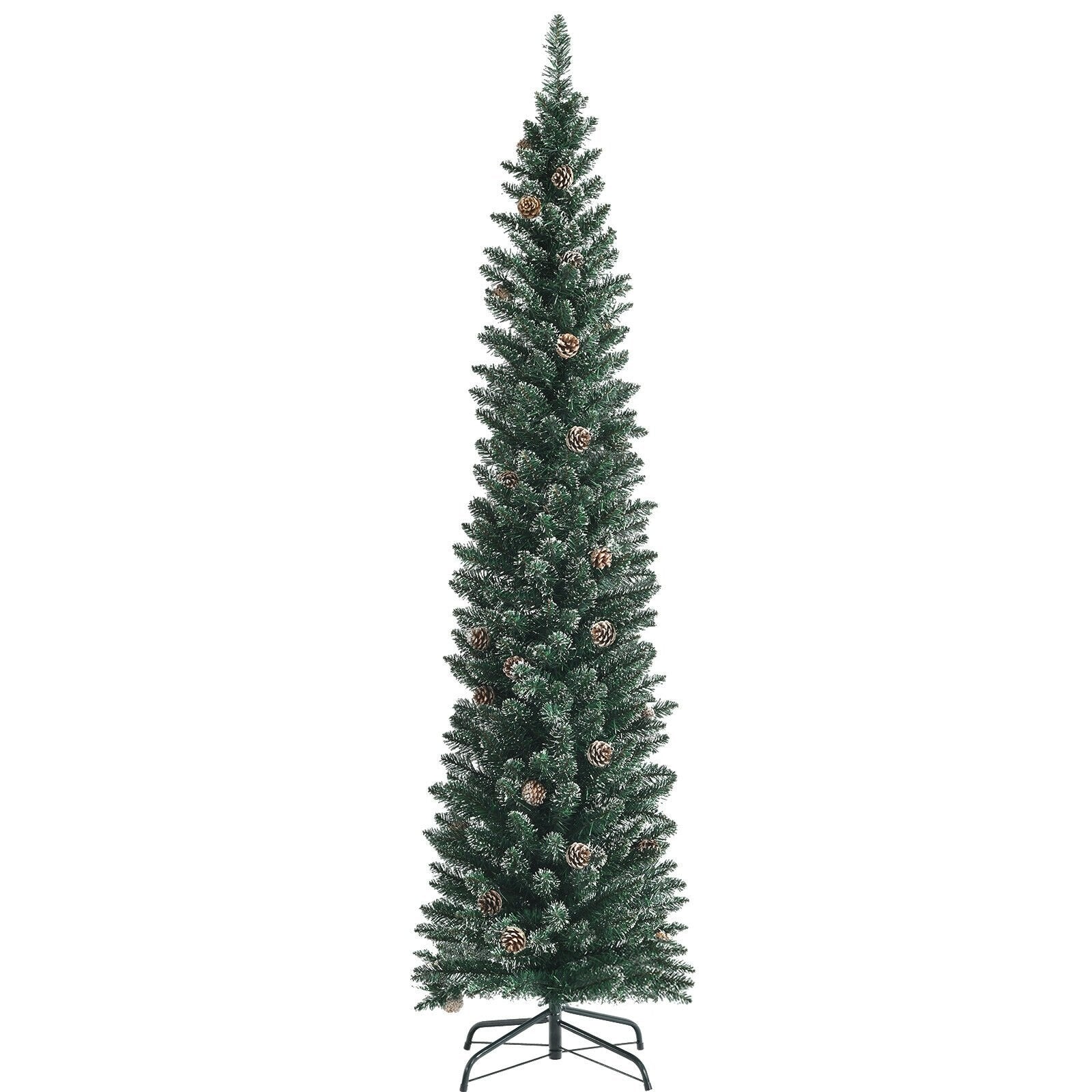 Snowy Artificial Pencil Christmas Tree with Pine Cones-7 ft, Green Christmas Tree   at Gallery Canada