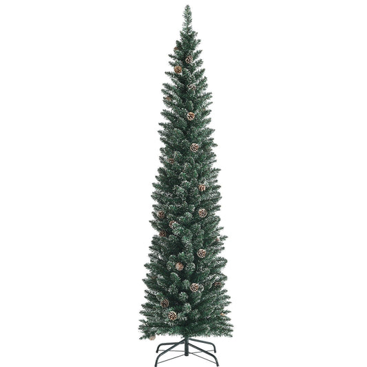 Snowy Artificial Pencil Christmas Tree with Pine Cones-7 ft, Green - Gallery Canada