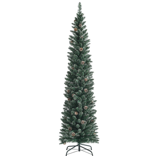 Snowy Artificial Pencil Christmas Tree with Pine Cones-7 ft, Green