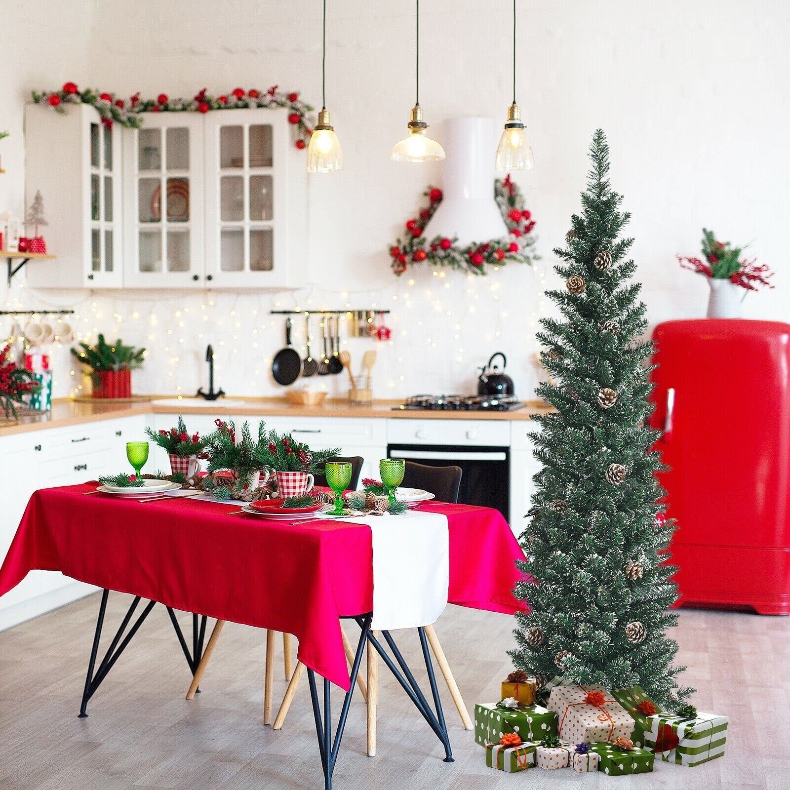 Snowy Artificial Pencil Christmas Tree with Pine Cones-5 ft, Green Christmas Tree   at Gallery Canada