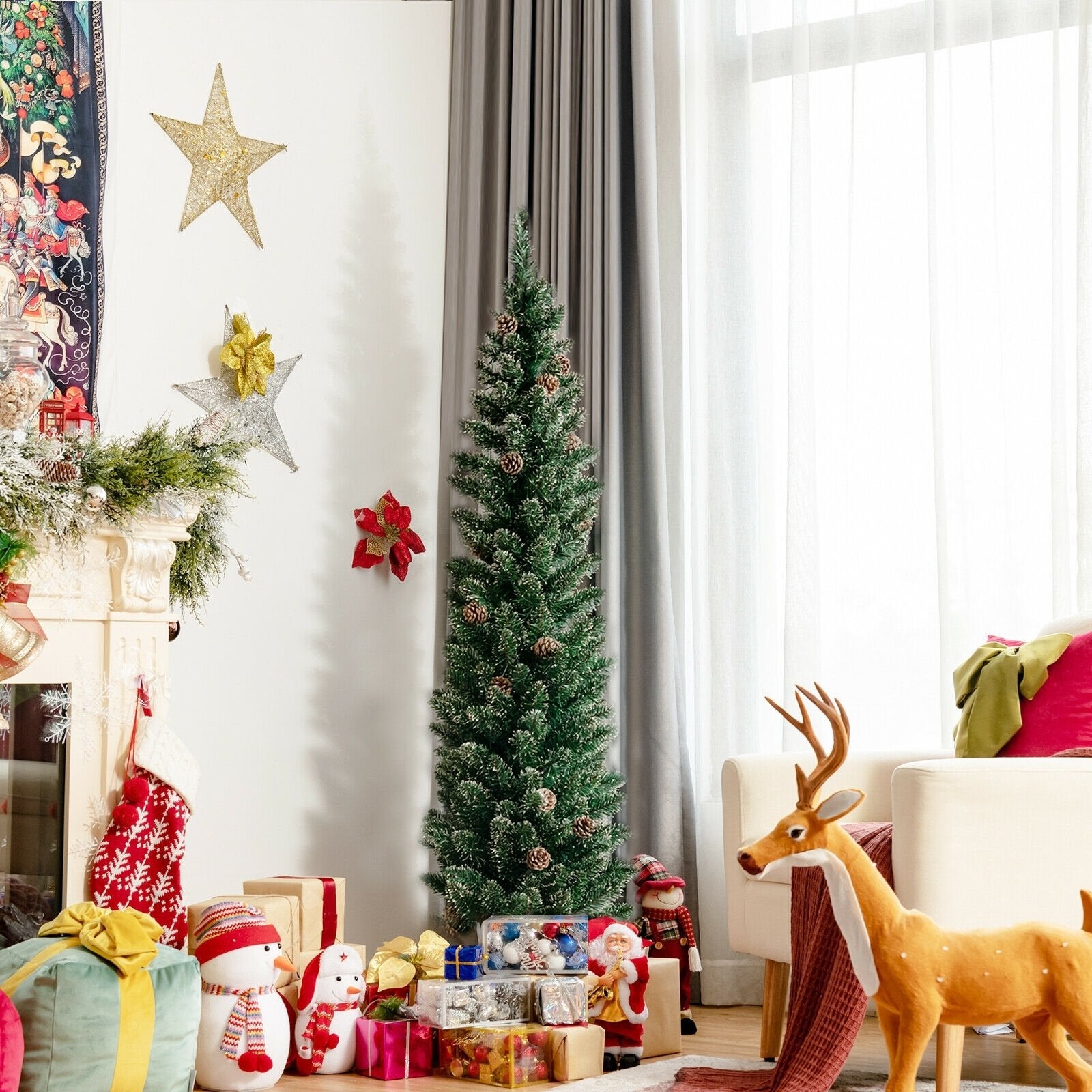 Snowy Artificial Pencil Christmas Tree with Pine Cones-5 ft, Green Christmas Tree   at Gallery Canada