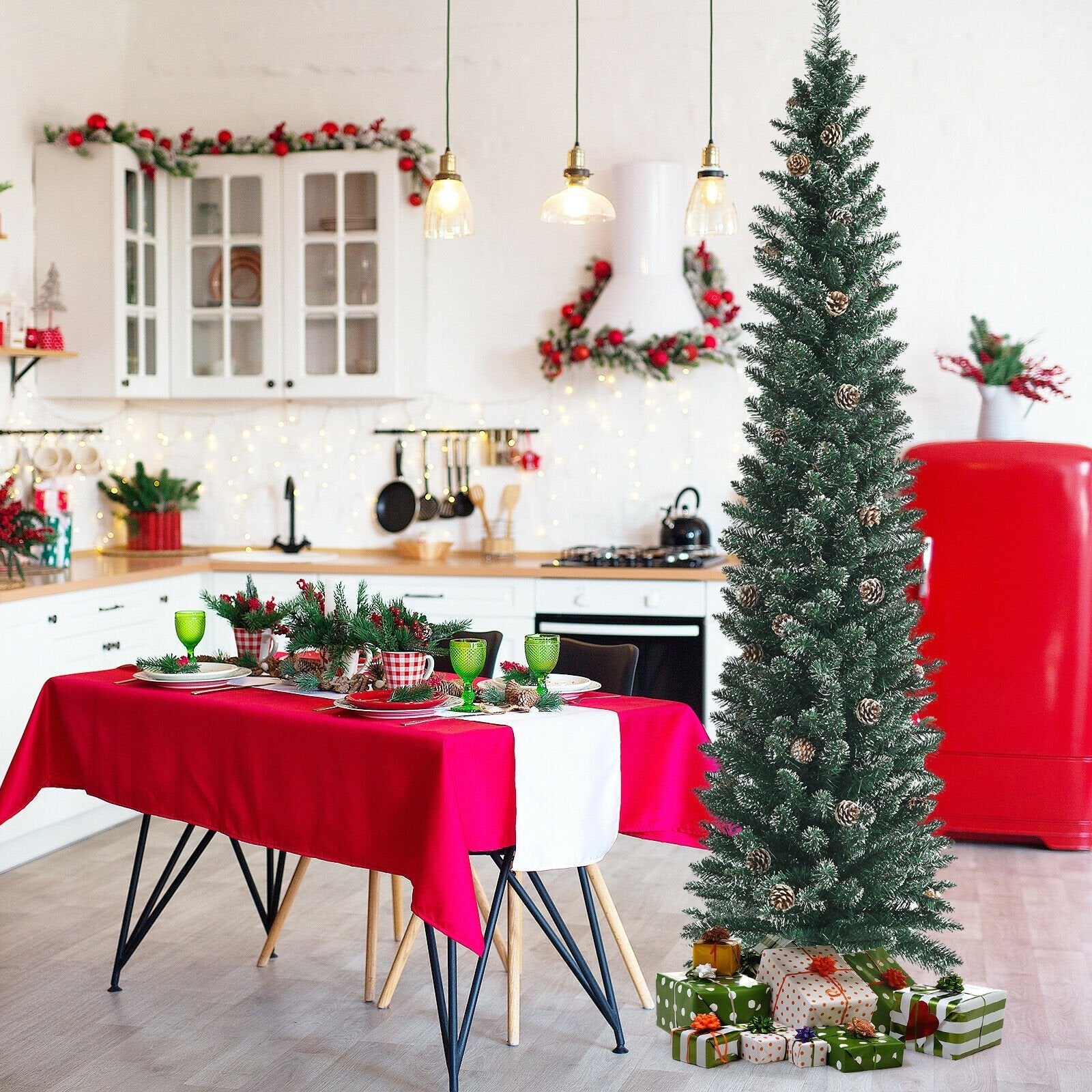 Snowy Artificial Pencil Christmas Tree with Pine Cones-7 ft, Green Christmas Tree   at Gallery Canada