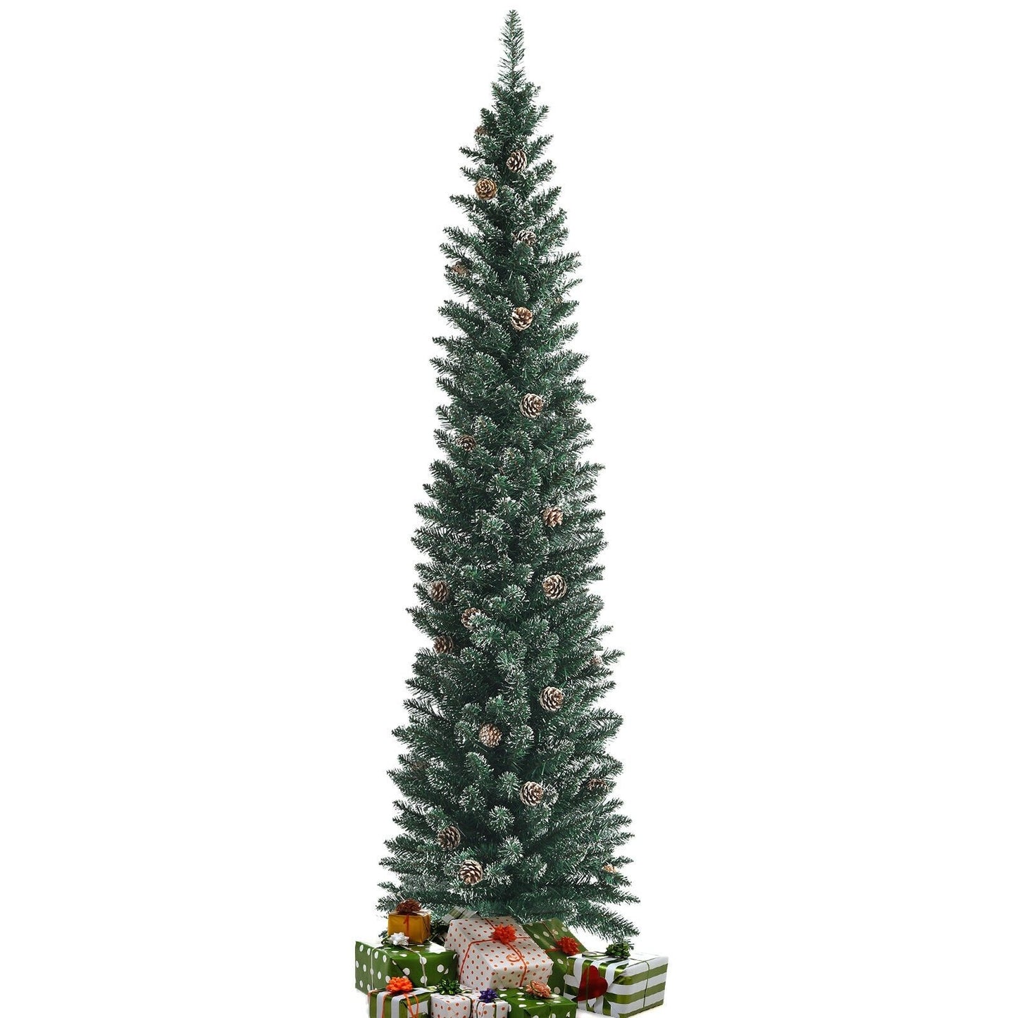 Snowy Artificial Pencil Christmas Tree with Pine Cones-7 ft, Green Christmas Tree   at Gallery Canada