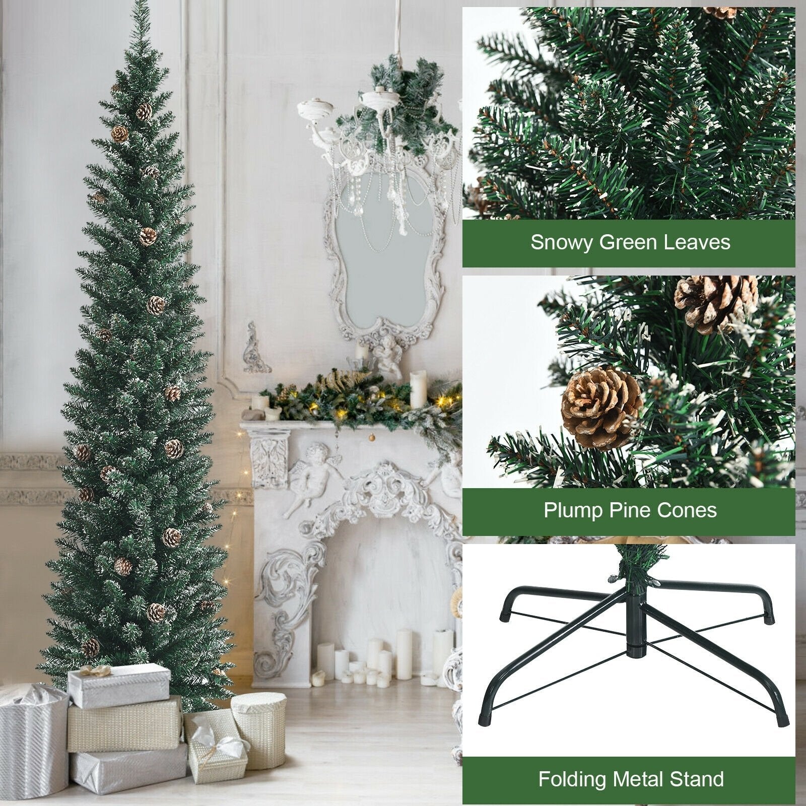 Snowy Artificial Pencil Christmas Tree with Pine Cones-7 ft, Green Christmas Tree   at Gallery Canada