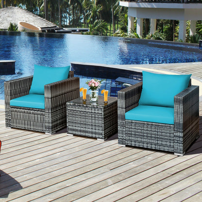 3 Pieces Patio Rattan Furniture Bistro Sofa Set with Cushioned, Turquoise Patio Conversation Sets   at Gallery Canada