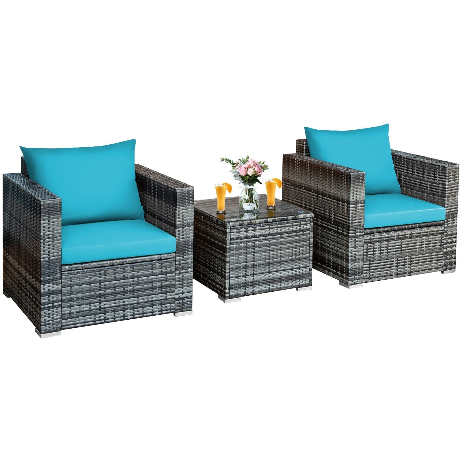 3 Pieces Patio Rattan Furniture Bistro Sofa Set with Cushioned, Turquoise Patio Conversation Sets   at Gallery Canada