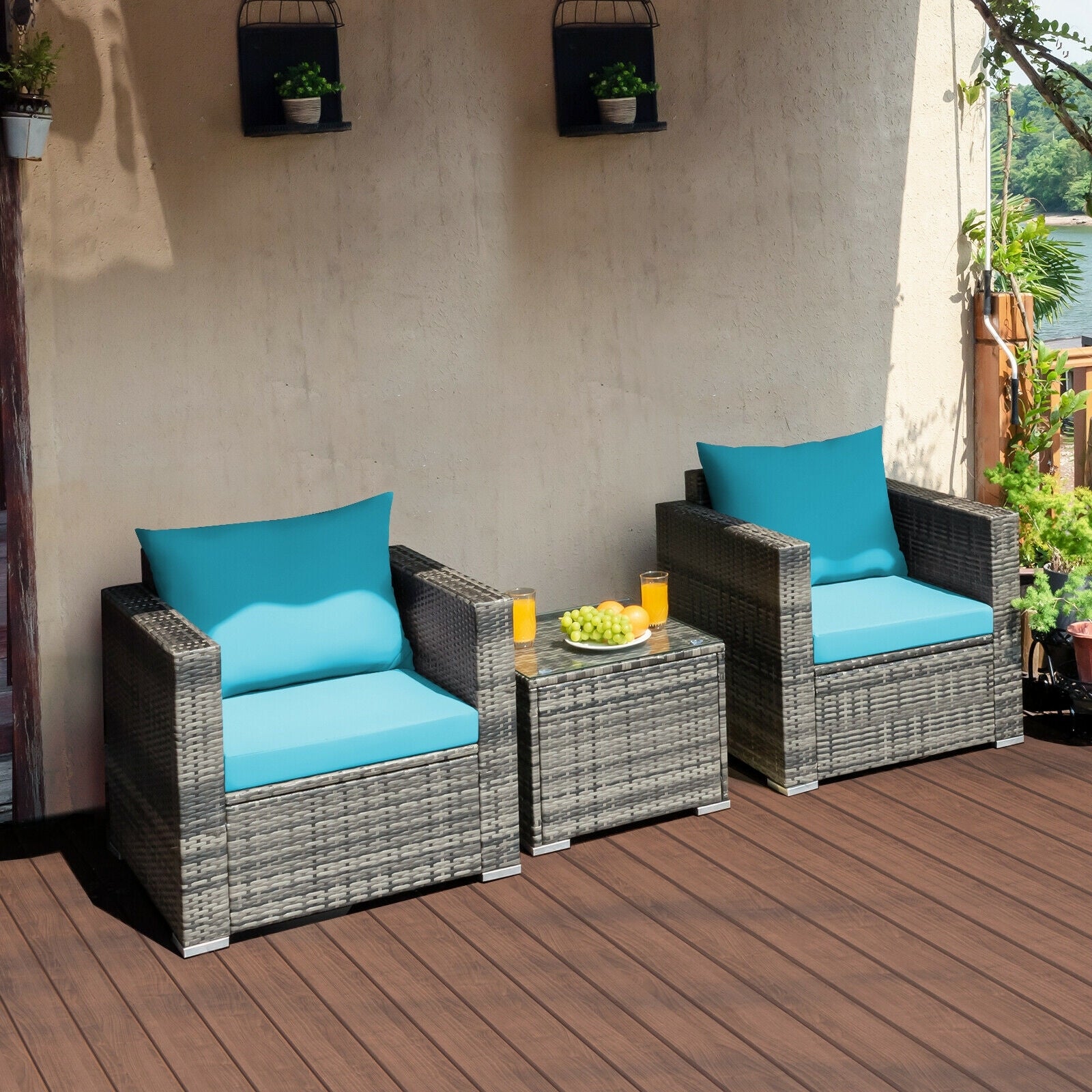 3 Pieces Patio Rattan Furniture Bistro Sofa Set with Cushioned, Turquoise Patio Conversation Sets Turquoise  at Gallery Canada