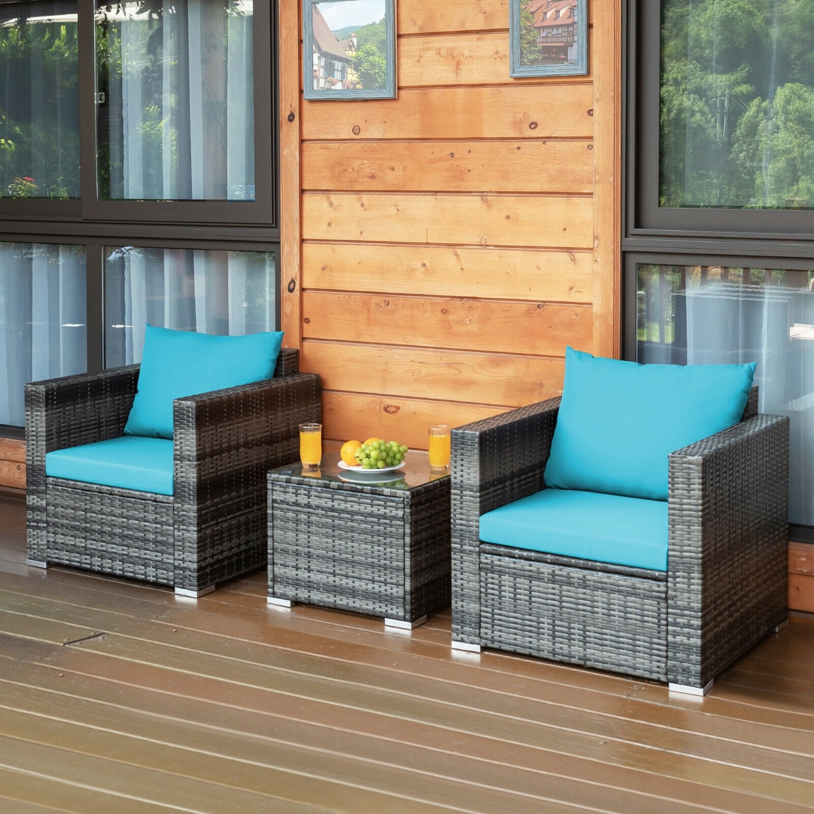 3 Pieces Patio Rattan Furniture Bistro Sofa Set with Cushioned, Turquoise Patio Conversation Sets   at Gallery Canada