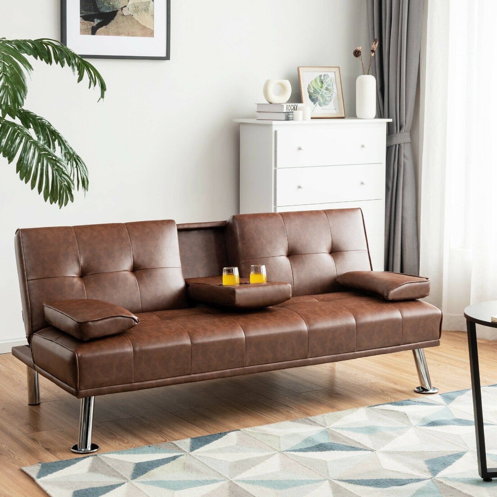 Convertible Folding Leather Futon Sofa with Cup Holders and Armrests, Brown Sofas & Loveseats   at Gallery Canada