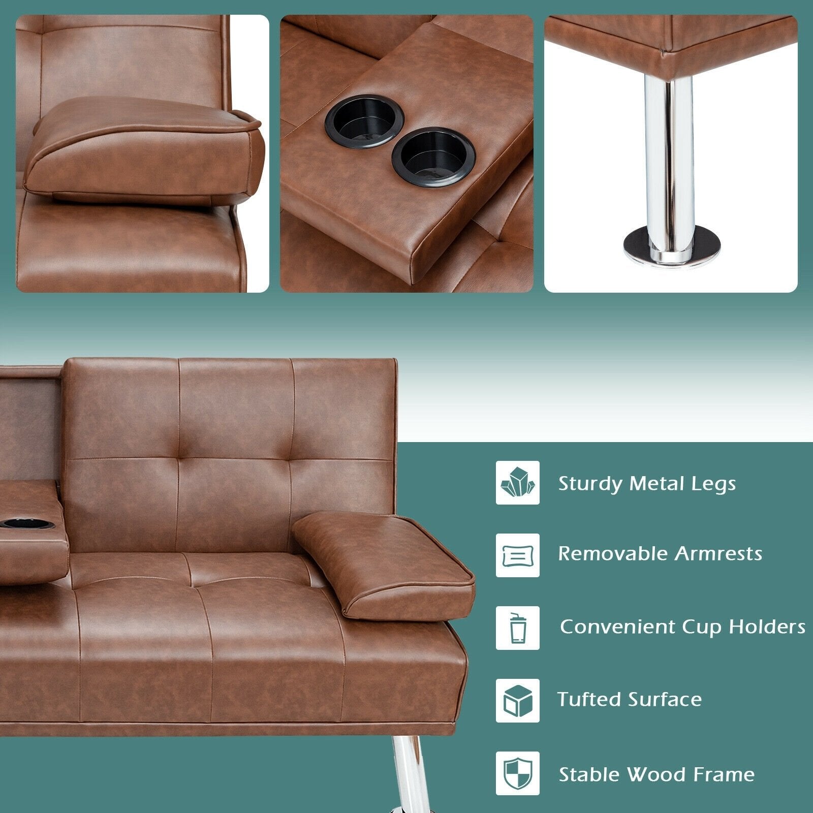 Convertible Folding Leather Futon Sofa with Cup Holders and Armrests, Brown Sofas & Loveseats   at Gallery Canada