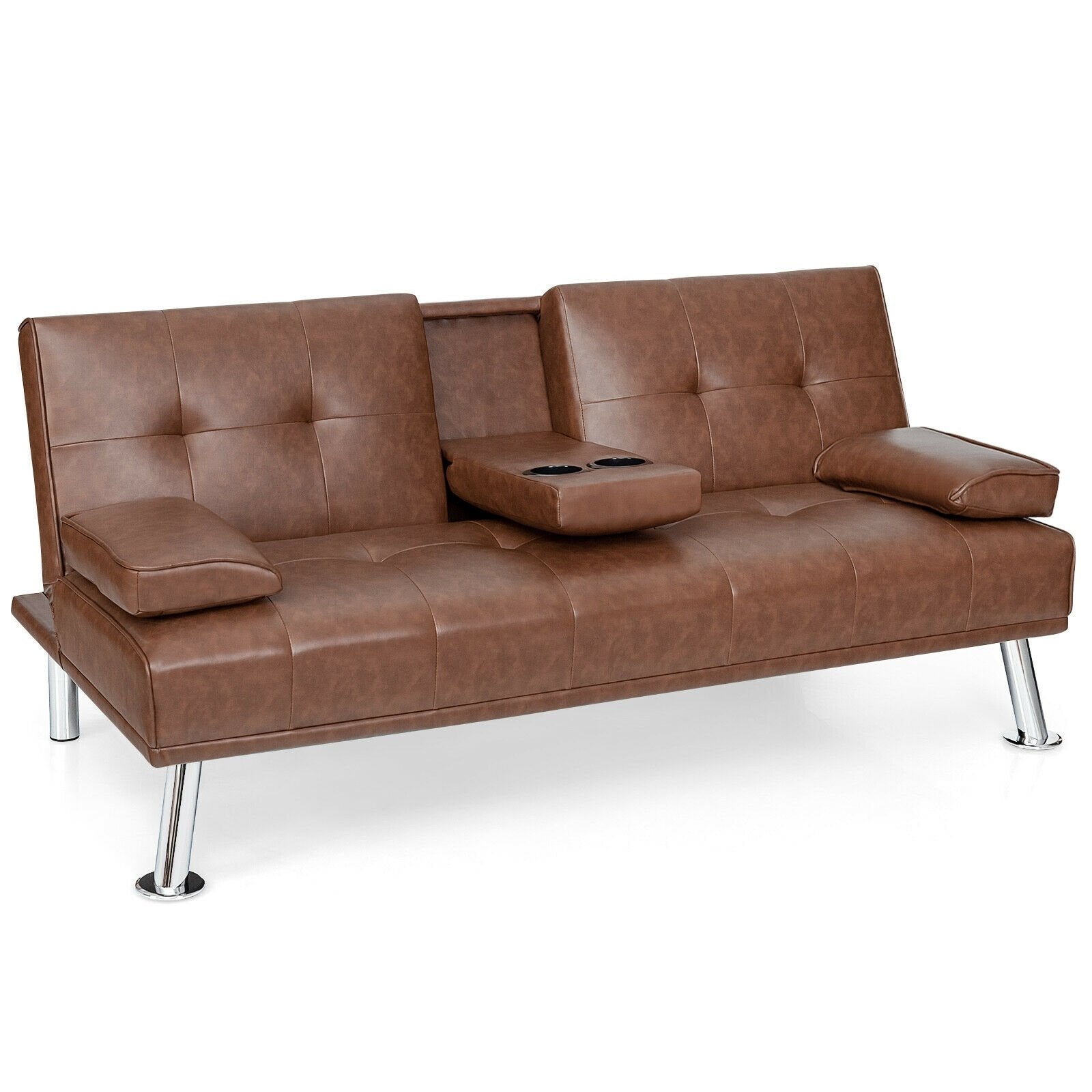 Convertible Folding Leather Futon Sofa with Cup Holders and Armrests, Brown Sofas & Loveseats   at Gallery Canada