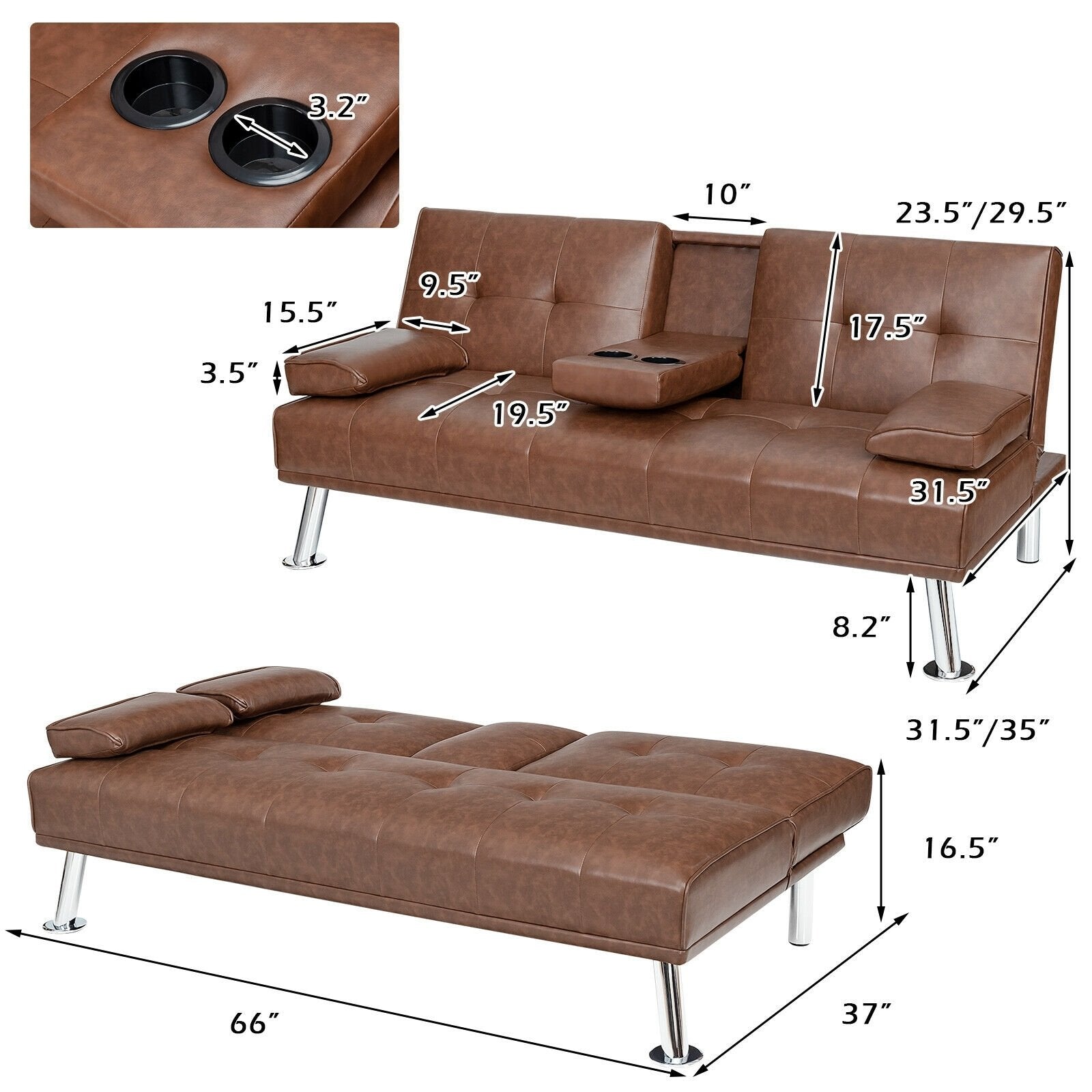 Convertible Folding Leather Futon Sofa with Cup Holders and Armrests, Brown Sofas & Loveseats   at Gallery Canada