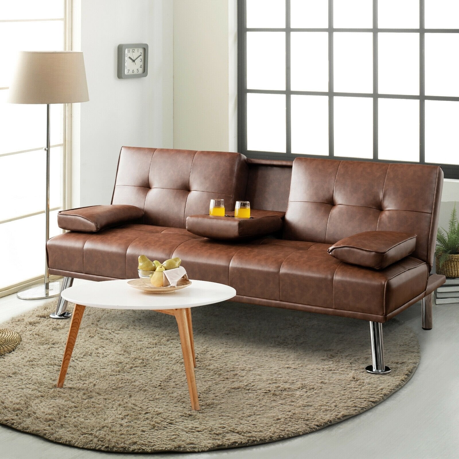 Convertible Folding Leather Futon Sofa with Cup Holders and Armrests, Brown Sofas & Loveseats   at Gallery Canada