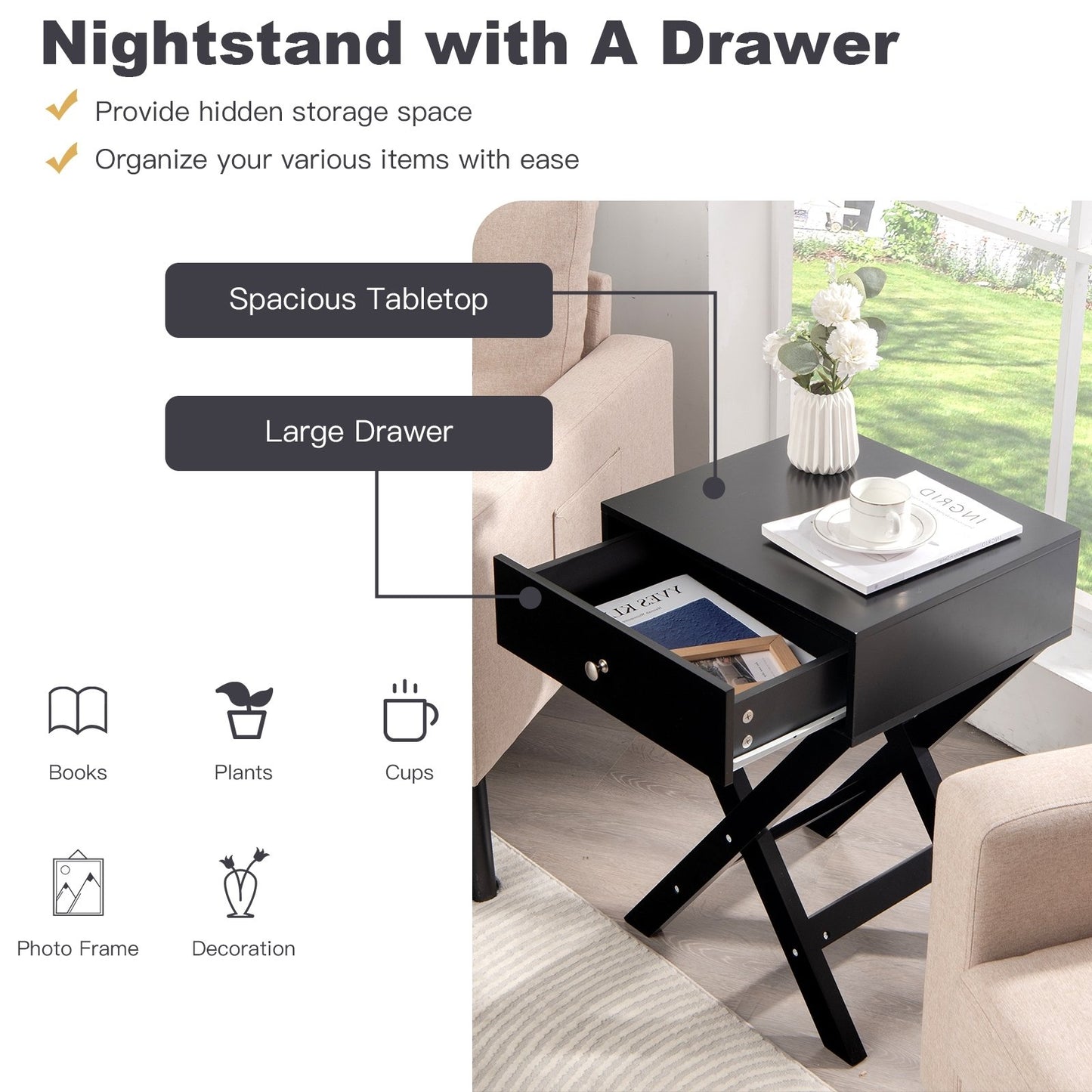 Modern X-Shaped Nightstand with Drawer for Living Room Bedroom, Black Nightstands   at Gallery Canada