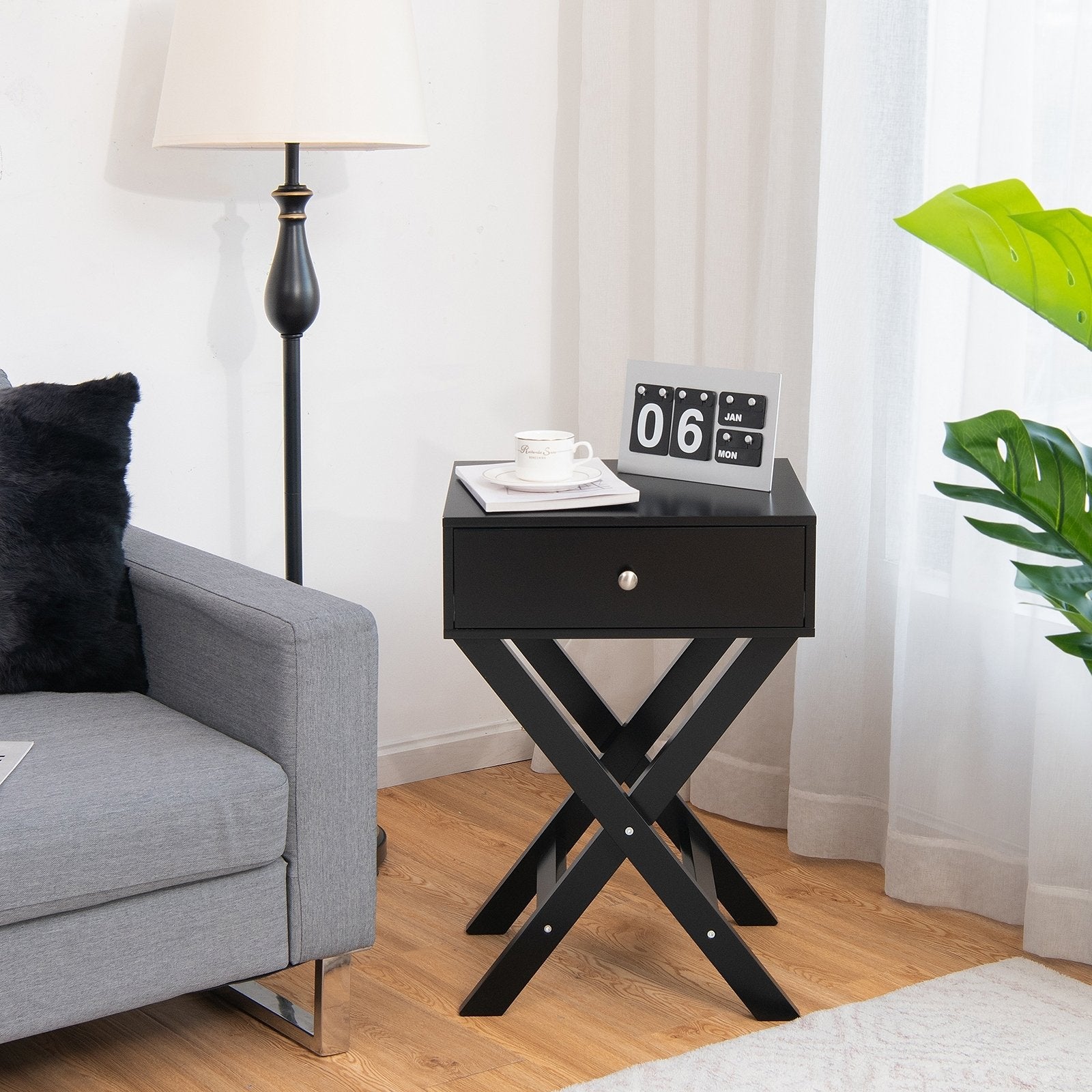 Modern X-Shaped Nightstand with Drawer for Living Room Bedroom, Black Nightstands   at Gallery Canada