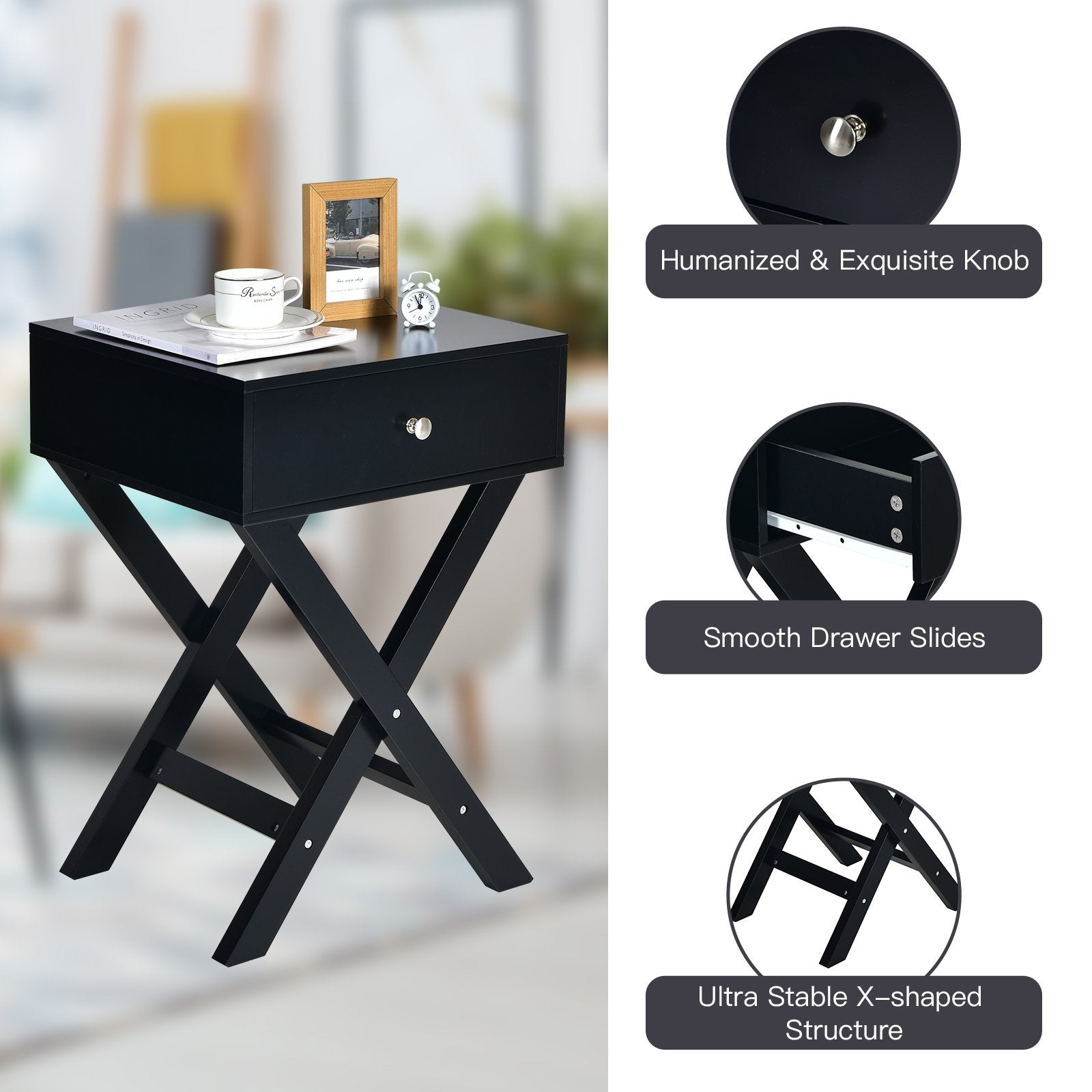 Modern X-Shaped Nightstand with Drawer for Living Room Bedroom, Black Nightstands   at Gallery Canada