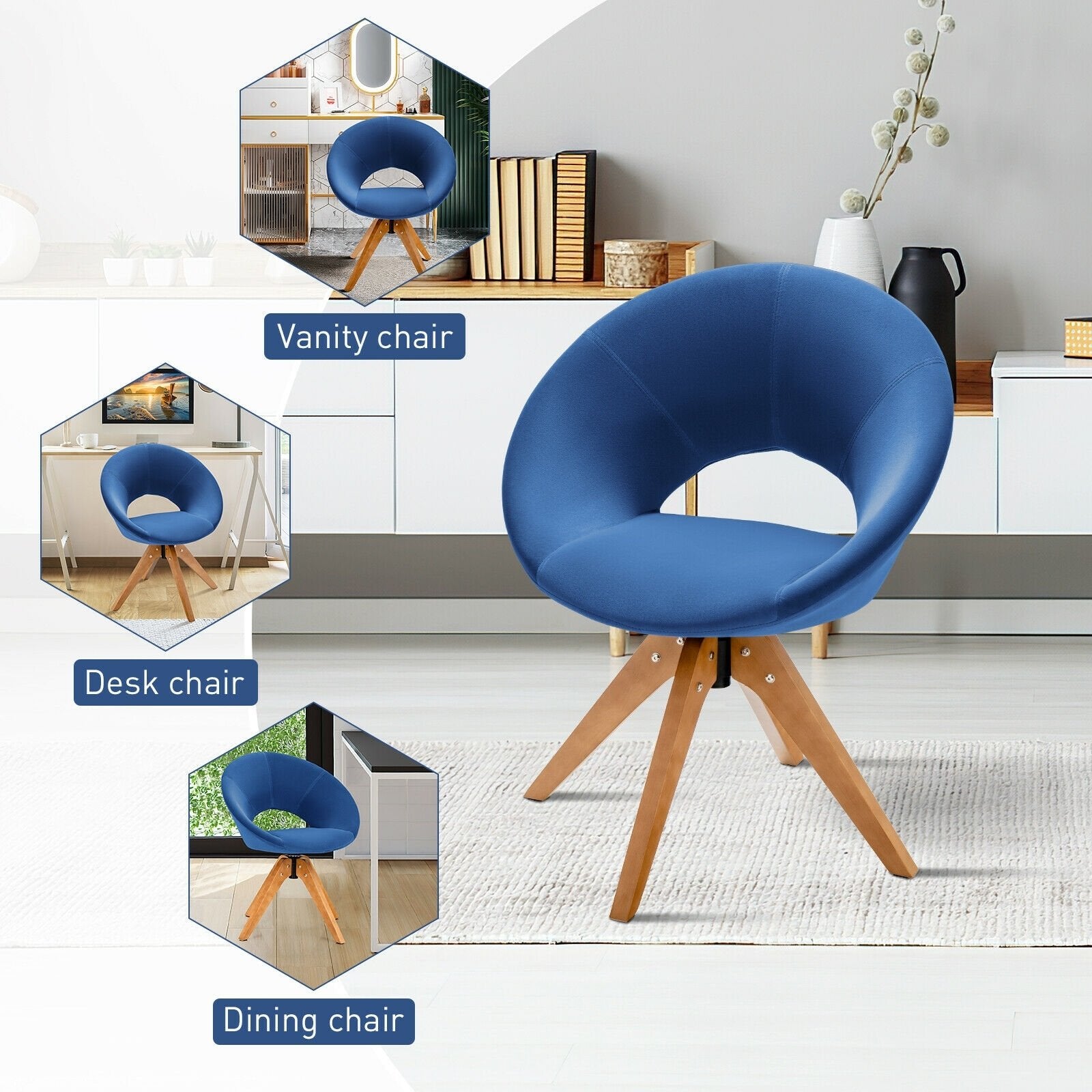 Swivel Accent Chair with Oversized Upholstered Seat for Home Office, Blue Accent Chairs   at Gallery Canada