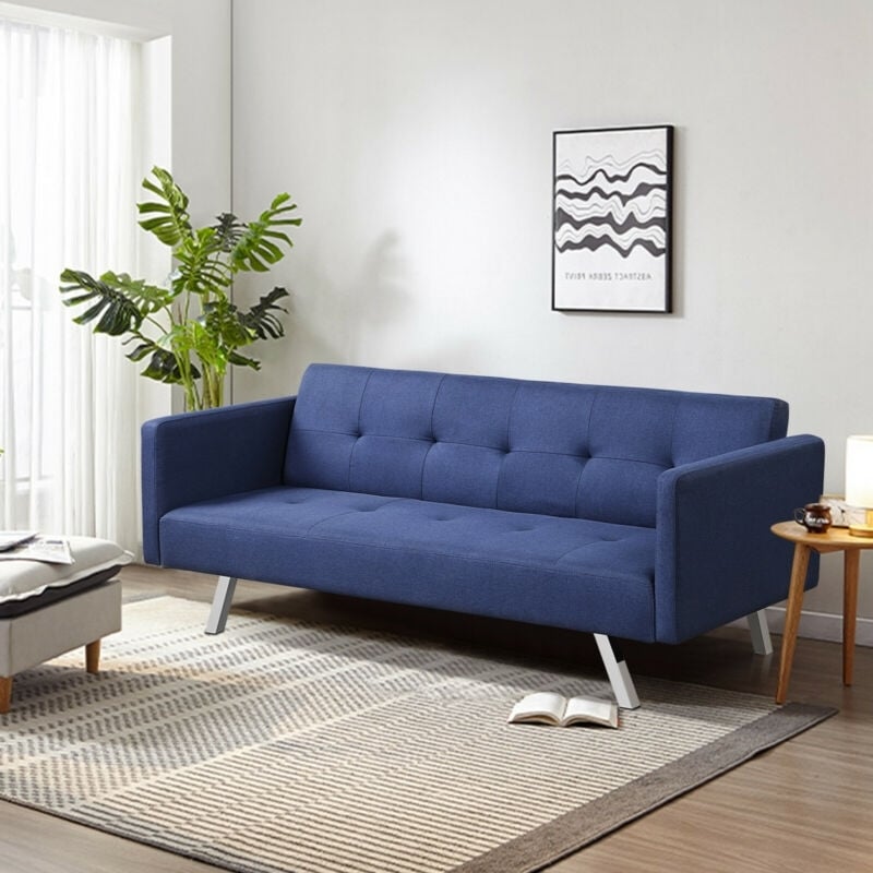 3 Seat Convertible Linen Fabric Futon Sofa with USB and Power Strip, Blue Sofas & Loveseats   at Gallery Canada