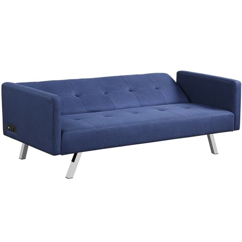 3 Seat Convertible Linen Fabric Futon Sofa with USB and Power Strip, Blue Sofas & Loveseats   at Gallery Canada