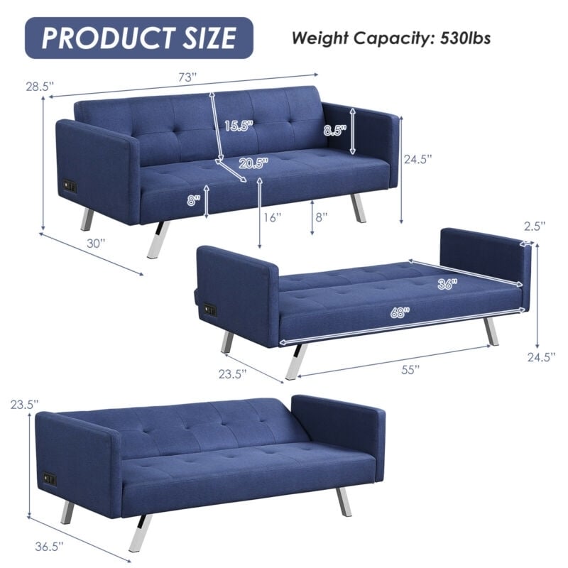 3 Seat Convertible Linen Fabric Futon Sofa with USB and Power Strip, Blue Sofas & Loveseats   at Gallery Canada